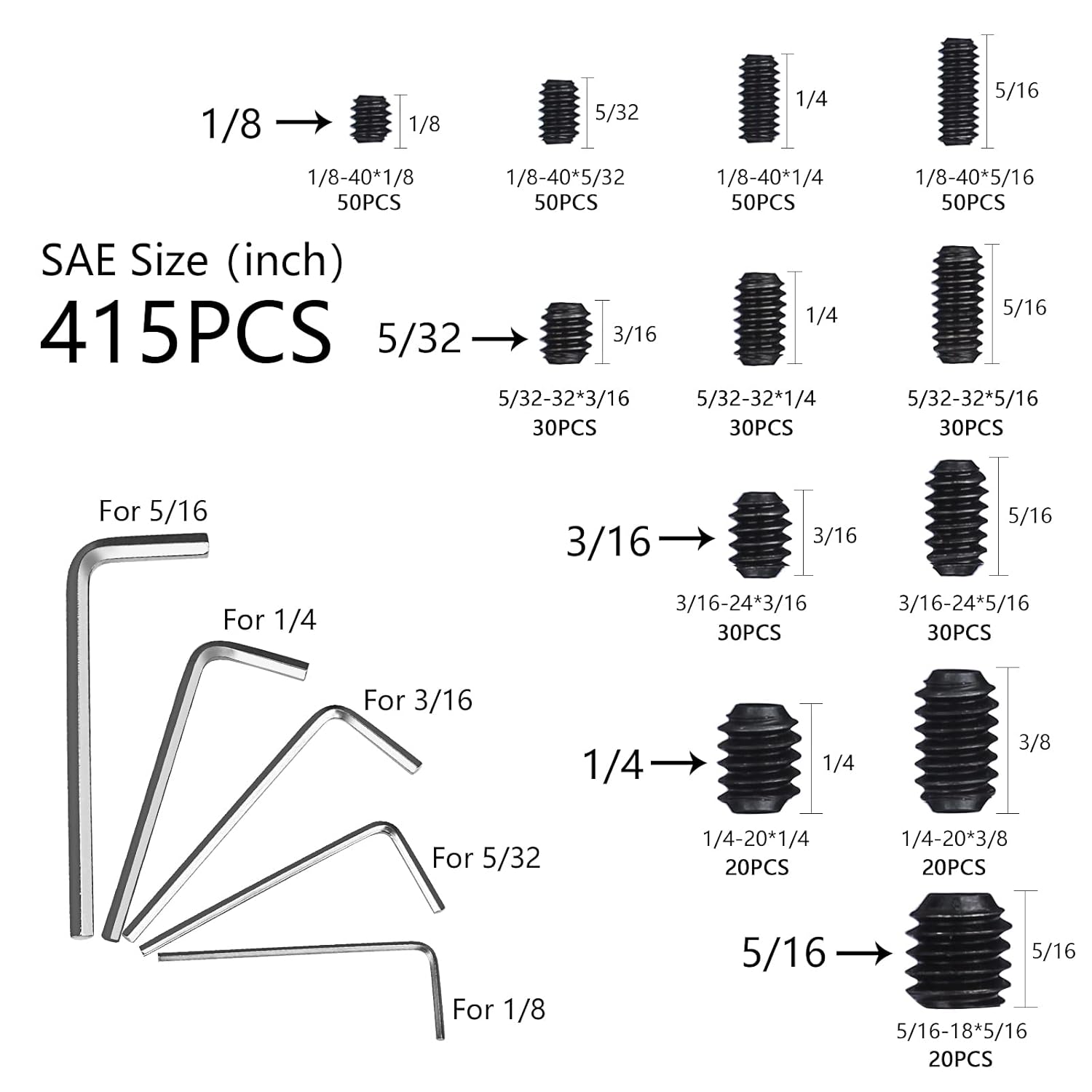 1000pcs Metric + SAE Set Screw Assortment Kit, Internal Hex Drive Cup-Point Allen Screws Set 12.9 Class Alloy Steel Grub Screw (M3-M8, 1/8"-40 to 5/16"-18)