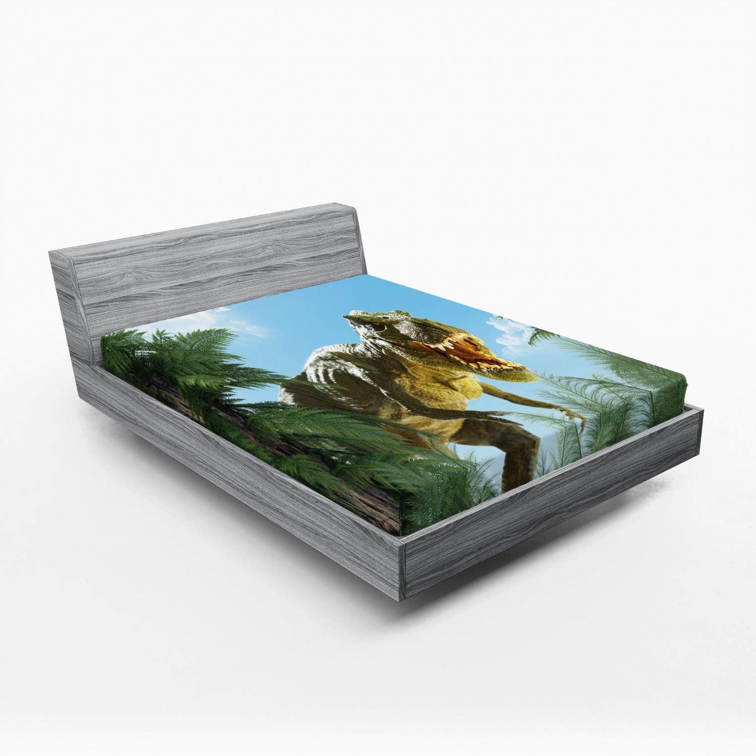 Ambesonne Fantasy Fitted Sheet, Giant Dinosaur in Forest Jurassic Monster Fossil Creature Digital Design, Soft Decorative Fabric Bedding All-Round