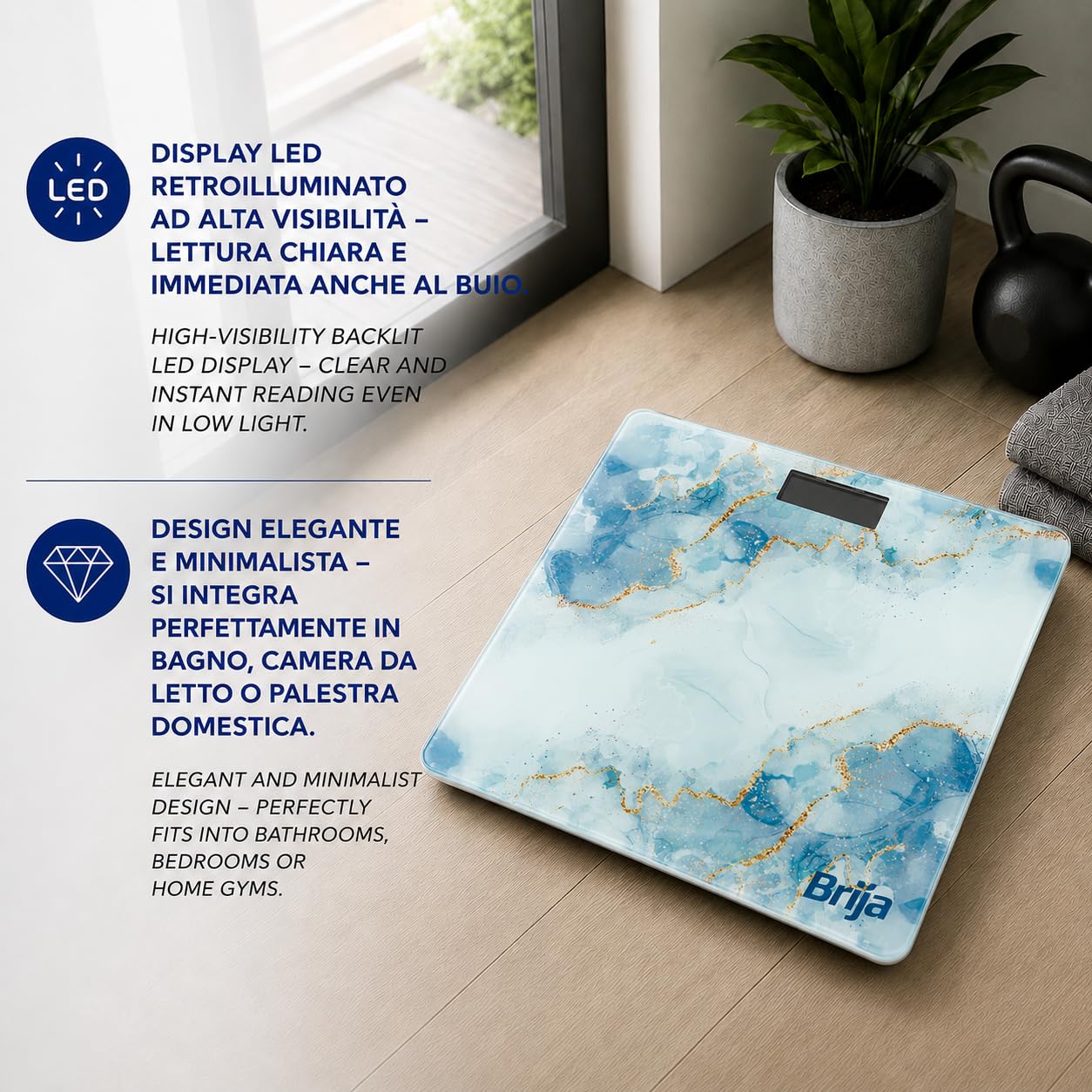IPEA Bilancia Pesapersone Digitale Ultra Sottile - Tecnologia STEP ON - Massima Precisione Peso - Deisgn Effetto Marmo - Bilancia in Vetro Temperato con Display misurazione fino 0,1 KG - Max 180Kg