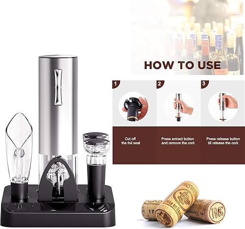 Miniatura 3 de COKUNST Juego de abridor de vino eléctrico con soporte, sacacorchos con carga USB, abrebotellas inalámbrico recargable de un clic con vertedor de