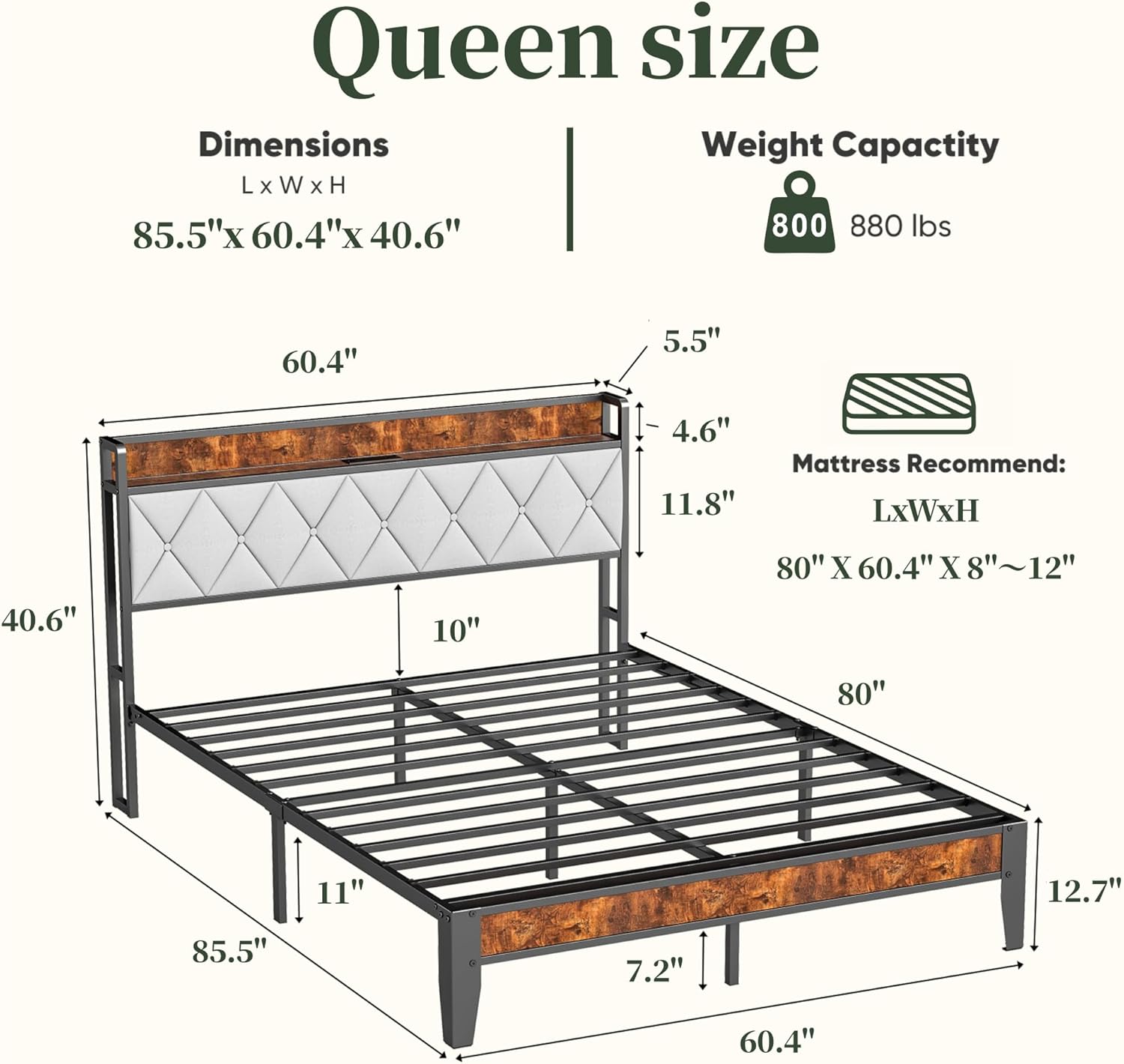 Metal Bed Frame Queen Size with Charging Station & Upholstered Headboard, Heavy Duty Metal Platform Bed Frame No Box Spring Needed, Easy Assembly, Noise-Free, Black