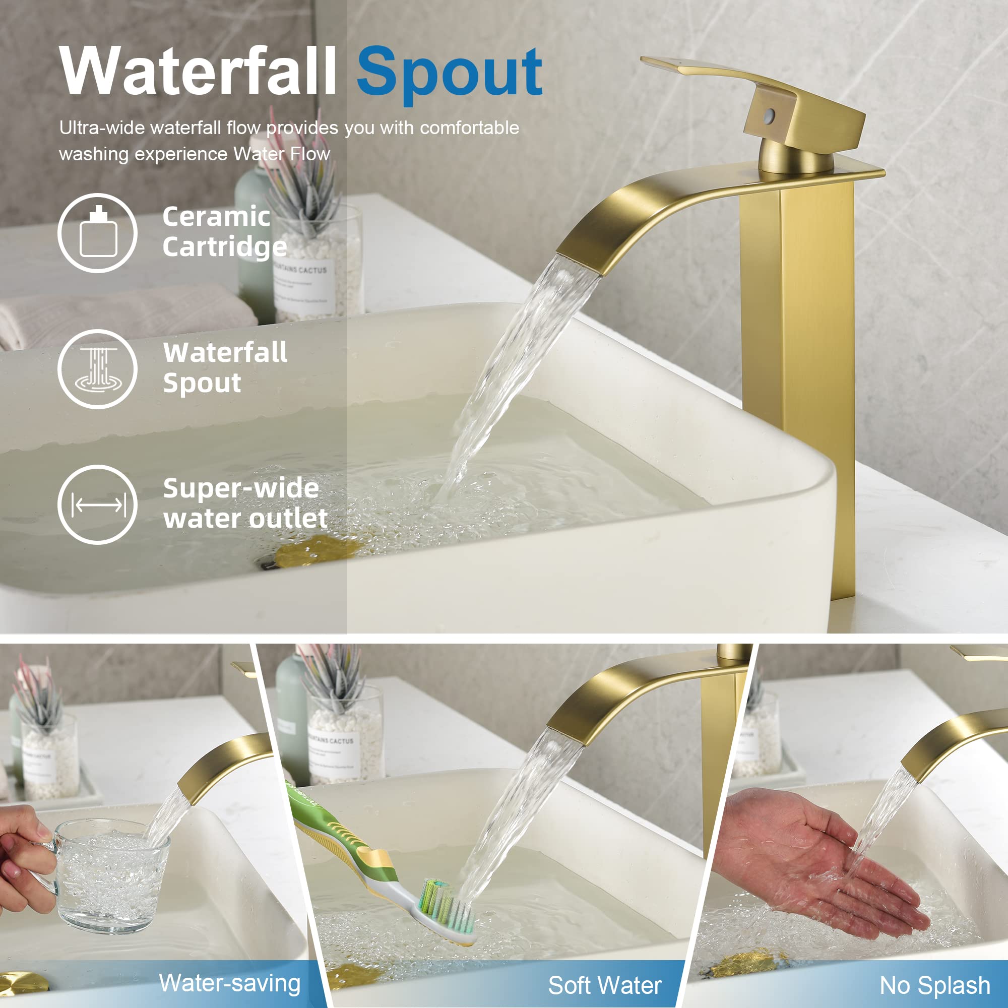 Phiestina Wasserfall-Armatur Für Waschbecken Gebürstetes Gold | Einhebel, 1 Loch | Mit Pop-Up Ablauf