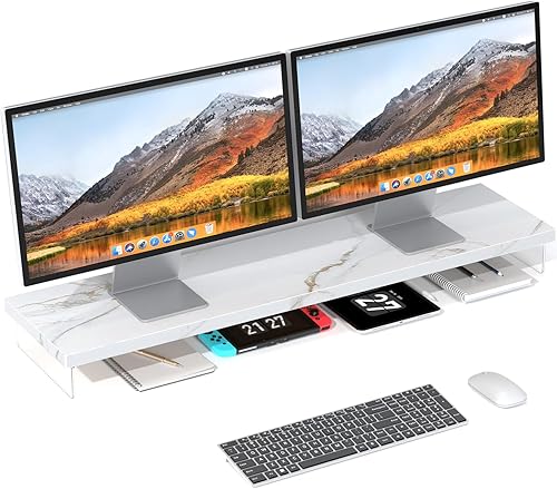 Soporte elevador para monitor dual, soporte para monitor grande de 40" para 2 monitores, estante organizador de escritorio de madera para