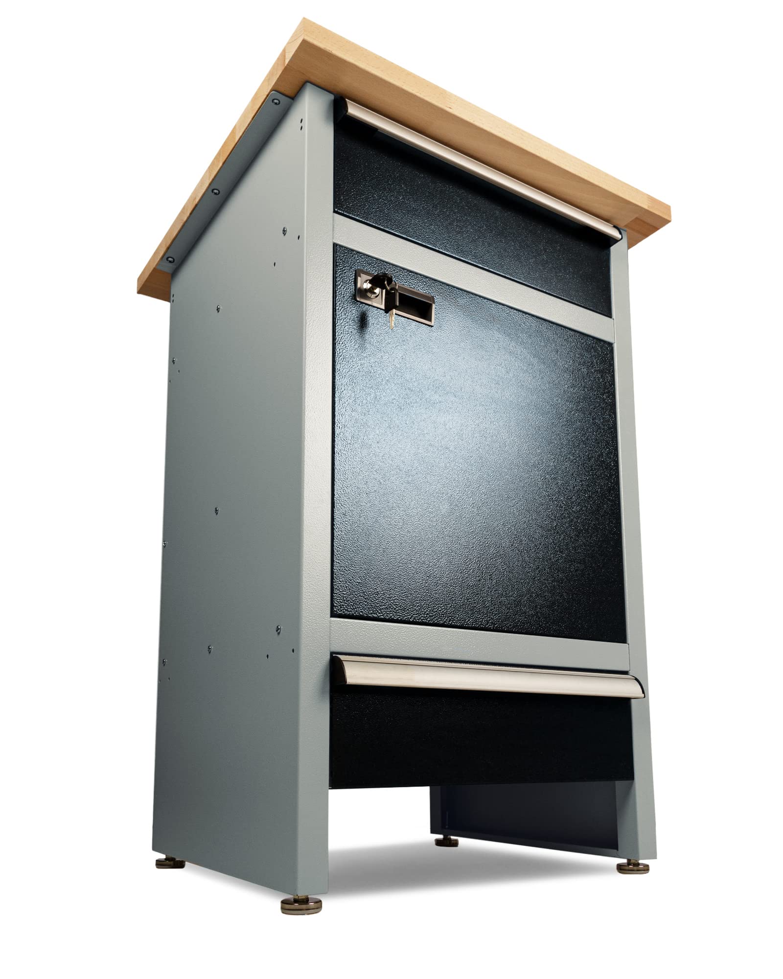 Ondis24 PRO Werkbank Finn 60cm Werktisch aus Metall mit 1 Tür 2 Schubladen und Aluminiumgriffen Schwarz Grau Arbeitshöhe 95cm wählbare Arbeitsplatte (Buche)