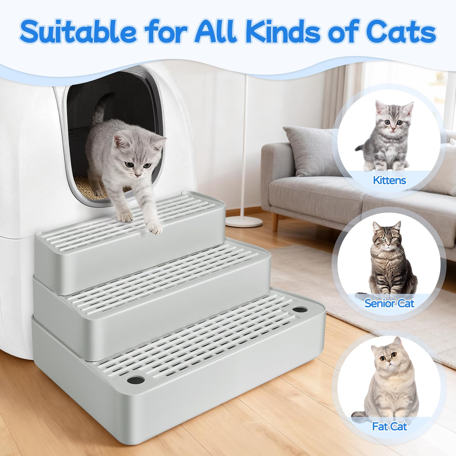 Rampe de litière Extra Large à 3 marches réglable avec Fonction de Filtre, Facile à Nettoyer, pour Chats âgés et Chatons (Gris Clair)