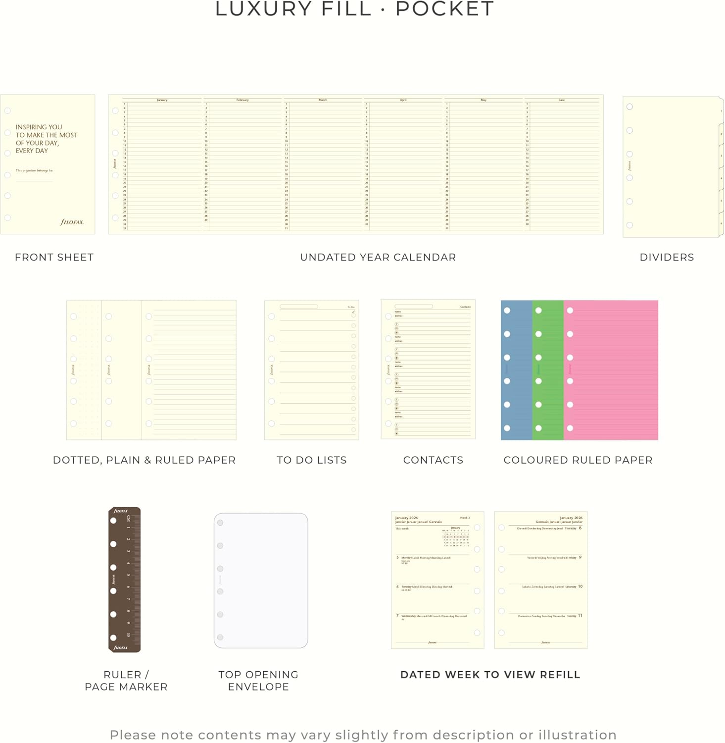 Filofax Malden Organizer, Pocket Size, Black - Tactile, Full-Grain Buffalo Leather, Six Rings, Cotton Cream Week-to-View Insert, Multilingual (C028627)