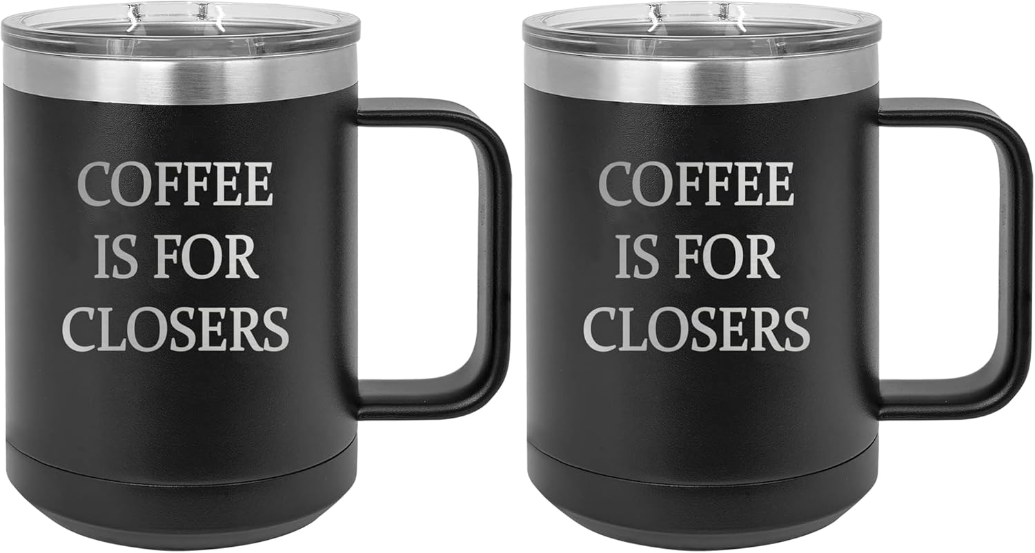 Rogue River Tactical Black Funny Salesman Coffee Is For Closers Stainless Steel Coffee Mug Travel Tumbler With Lid Novelty Cup Great Gift Idea For Realtor Real Estate Sales Salesperson (Pack of 2)