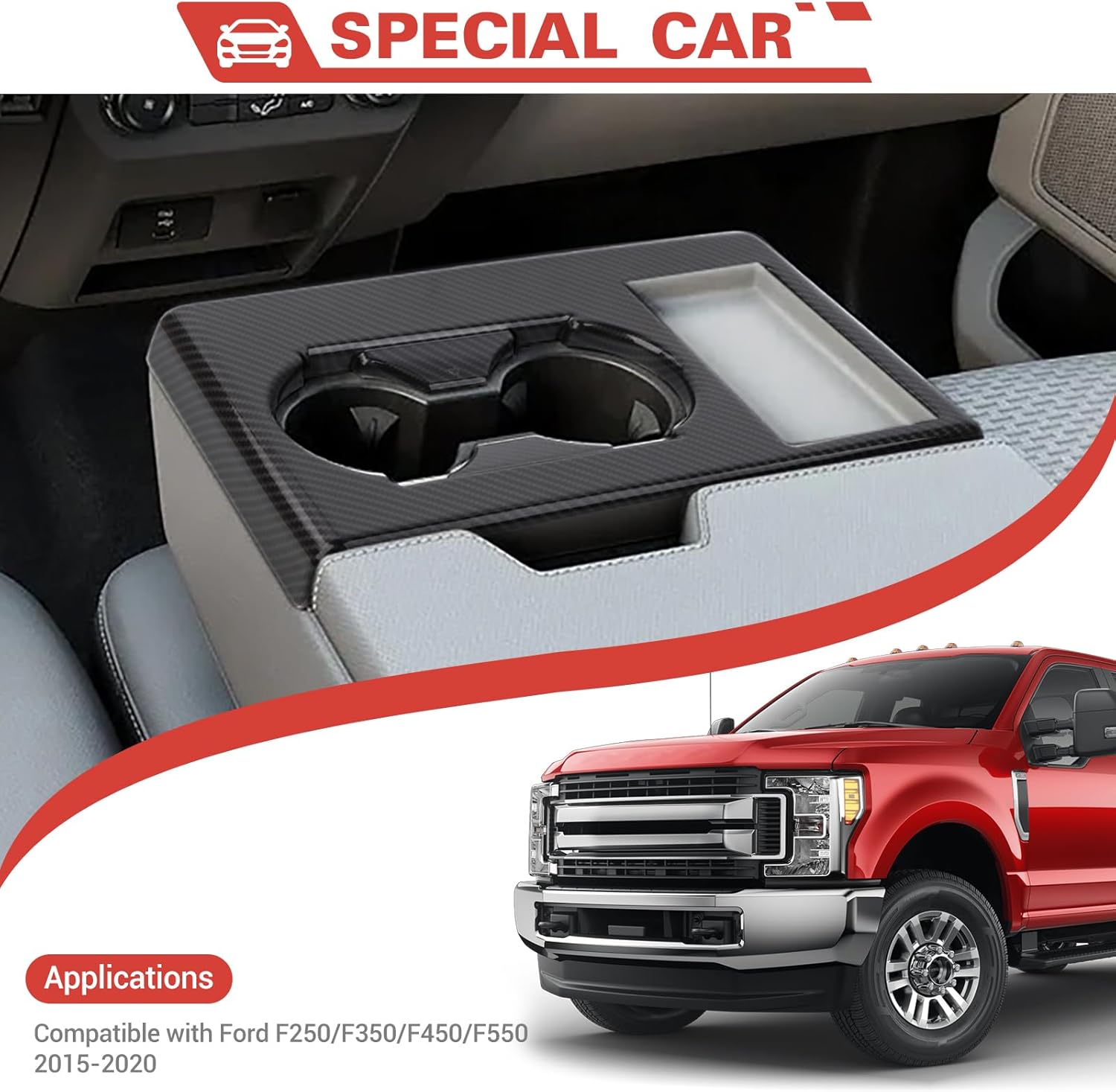 Carbon Fiber Armrest Cup Holder Panel Cover Trim Interior Accessories Compatible with Ford F250/F350/F450/F550 2015-2020