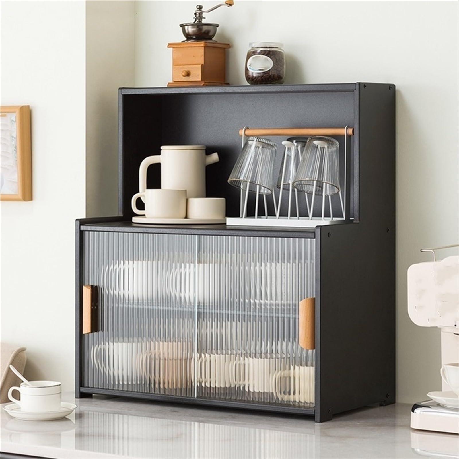 Porte-Tasses, Meuble de Cuisine en Bambou à Plusieurs Niveaux avec Porte coulissante en Verre, Organiseur de Tasses et présentoir à café, élégant présentoir à thé avec poignée en Bois, idéal