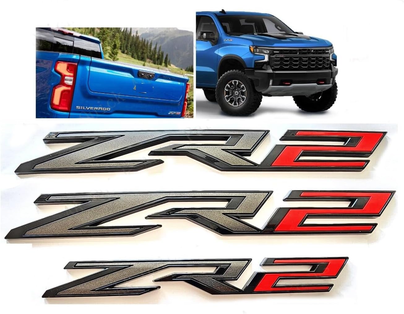 3pack OEM Two Side ZR2 Emblems Badges Plus Rear ZR2 Compatible with Silverado Colorado 84865797 (Black Red)