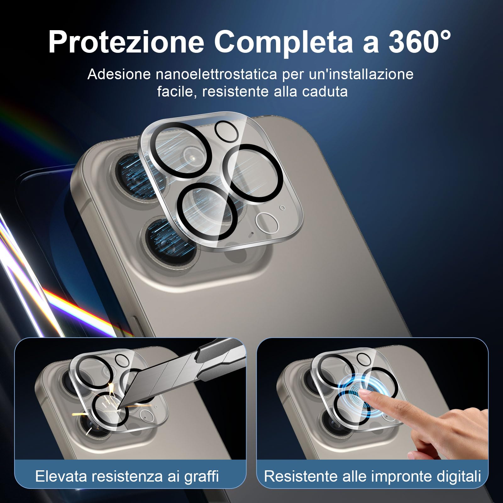 NEW'C 3x Pellicola Vetro Temperato per iPhone 15 Pro Max (6,7 Pollici) e 3x Pellicola Vetro Protettiva Fotocamera Posteriore +Tappo Antipolvere-Strumento di installazione semplice incluso