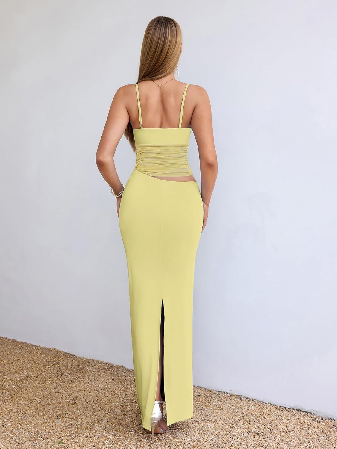 EYNMIN Women's V Neck Bodycon Maxi Dress Spaghetti Strap Cut Out Slit Long Formal Cocktail Party Wedding Guest Dresses - Image 3