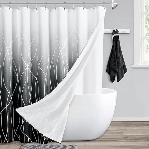 Naturoom Cortina de ducha en blanco y negro con forro, cortinas de ducha modernas y gruesas de doble capa para baño, juego de cortina de ducha de