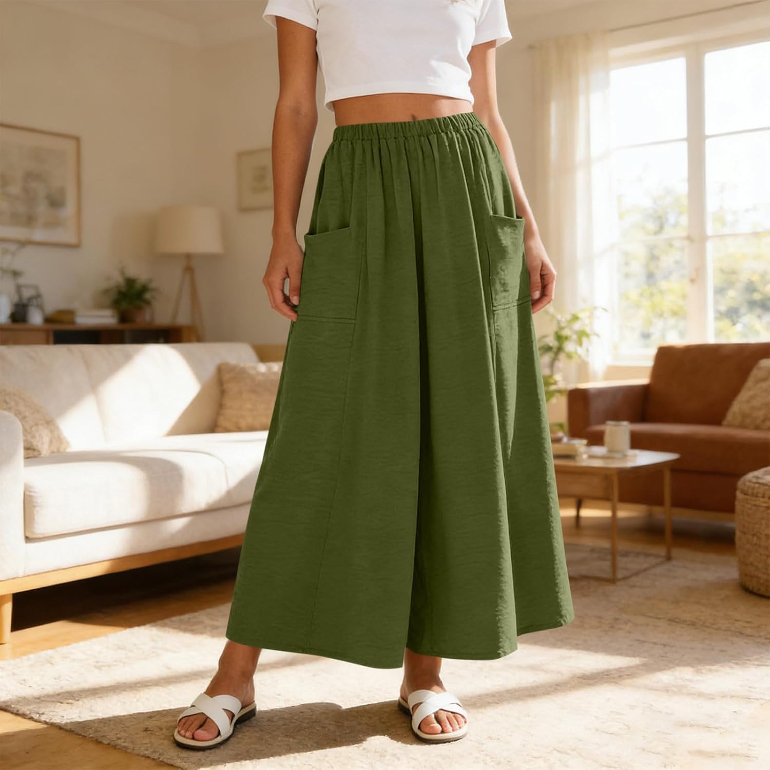 Summer Long Skirts for Women High Waist Basic Solid Color Flowy Boho Skirt with Pocket for Beach Vacation Outfits