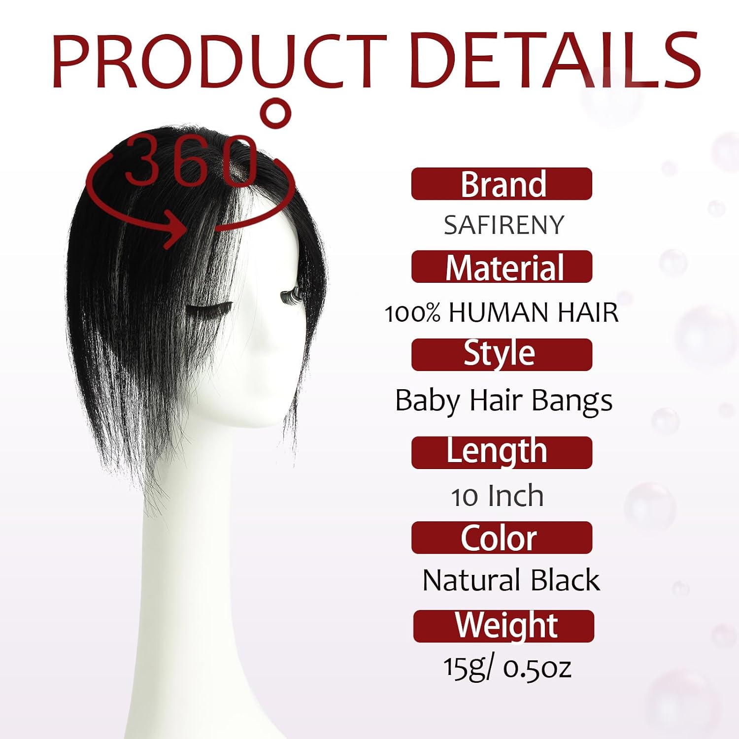 Hair Toppers for Women Real Human Hair 10 inch 360°3D Cover 2.8x4.5 inch Base Clip in Bangs 10 grams Natural Black（#1B-Baby Hair Bangs）