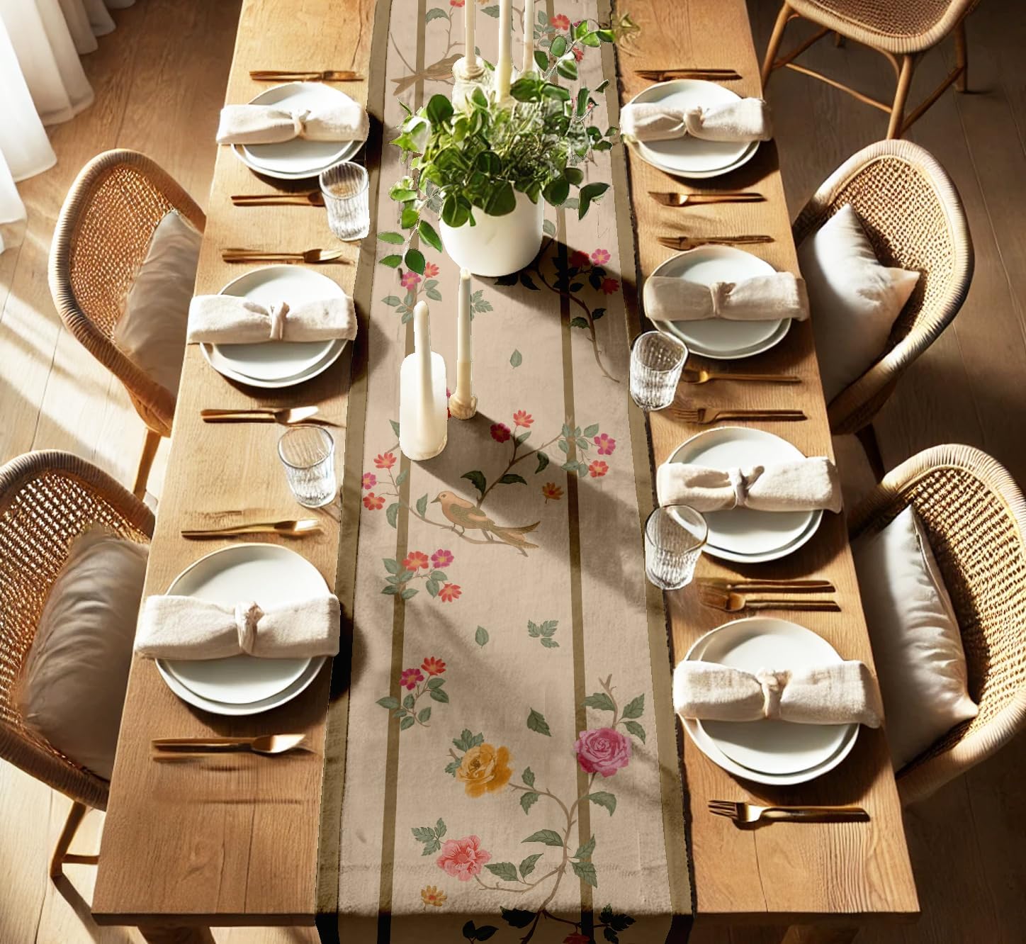 Premium Cotton Table Runner - Lightweight Double Layer - Border Design - Machine Washable Farmhouse Table Decor - Floral