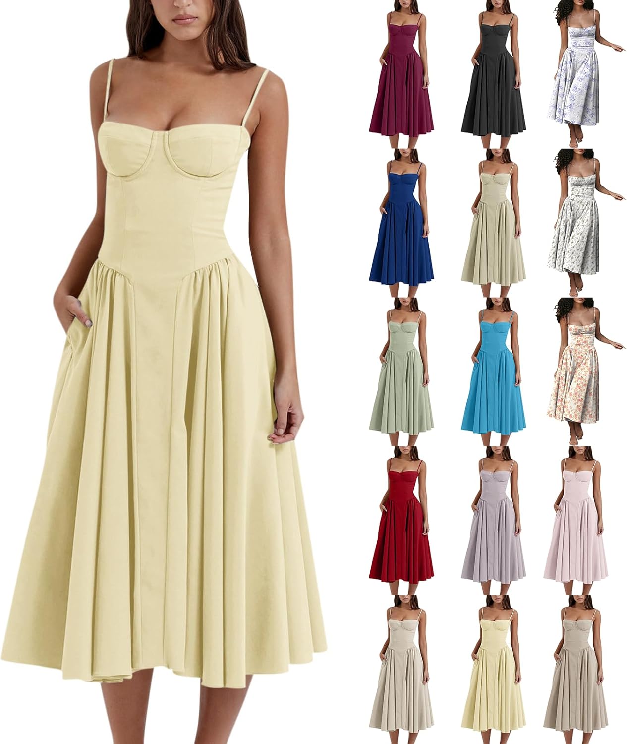 midelxp Womens Corset Dress Elegant Spaghetti Strap Bustier Midi Dress Low Cut Flowy Pleated Hem Formal Dresses with Pockets