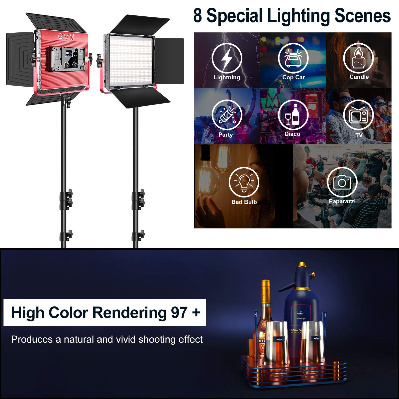 GVM 1200D RGB Videoleuchte Panel mit Lichtstativ, 2er Pack 50W LED Studiolicht Fotografie Licht mit Softbox für Foto Studio YouTube Video Film Streaming 3200K-5600K 22000Lux/0,5m CRI97+ APP Steuerung