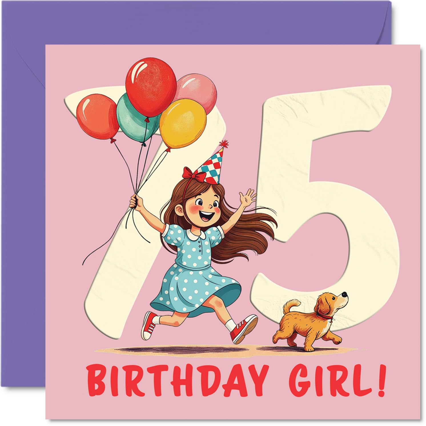 75th Birthday Cards for Women - Balloon Girl - Happy Birthday Card for 75 Year Old Woman Wife Auntie Sister Cousin, 145mm Bday Greeting Cards