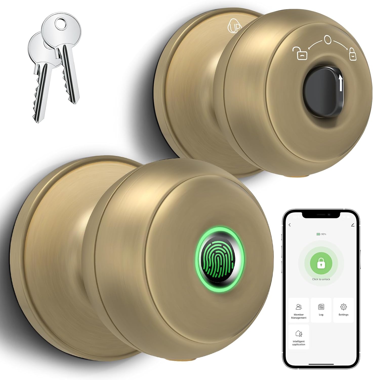 GeekTale Fingerprint Door Lock, Smart Lock with App, Biometric Door Lock, Thumbprint Door Knob, Smart Fingerprint Door Knob for Bedroom, Office, Apartment