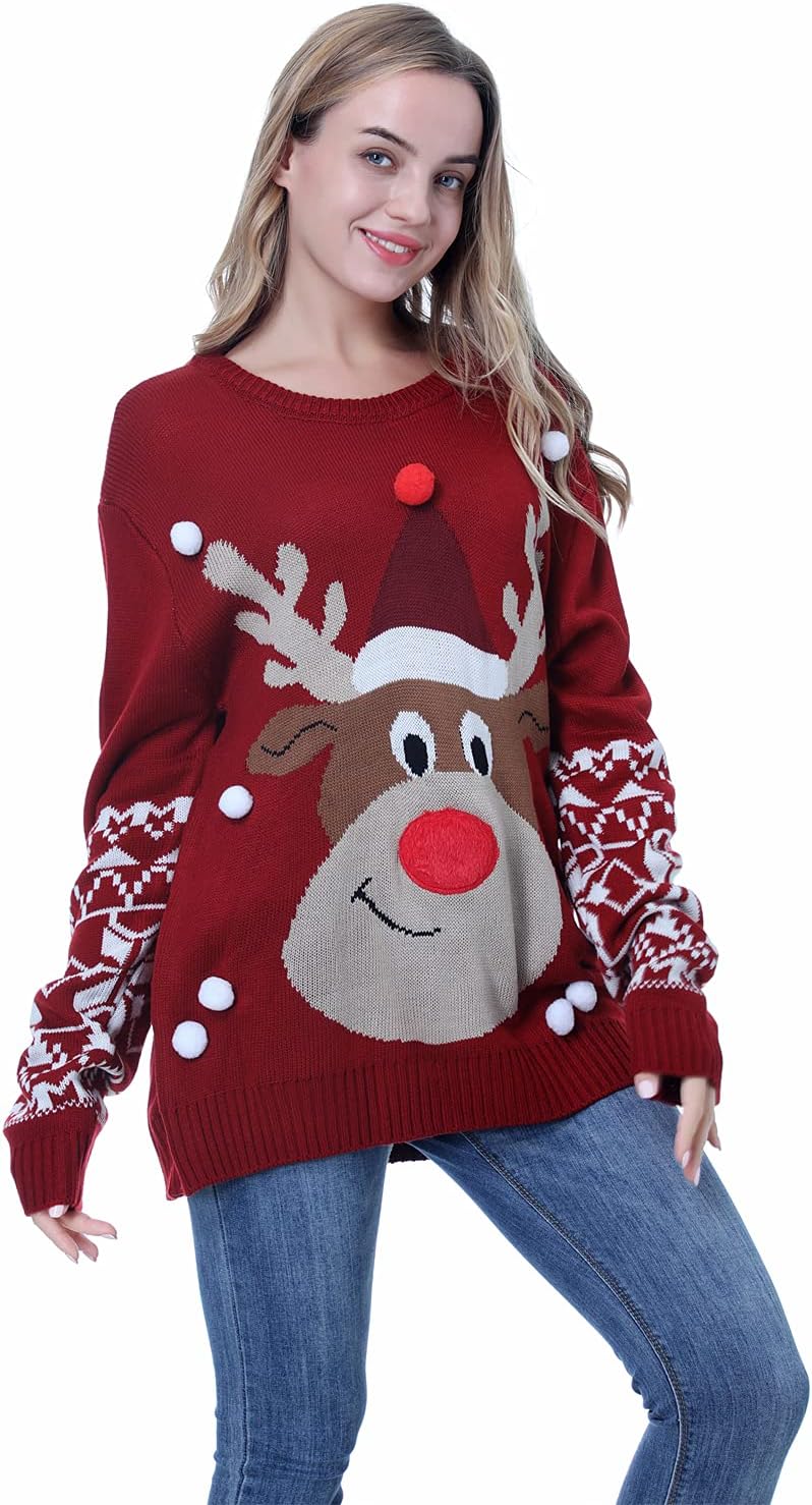 Ugly Christmas Sweater for Unisex Adults Woman Man Funny Reindeer Snowflakes Red Knitted Xmas Pullover