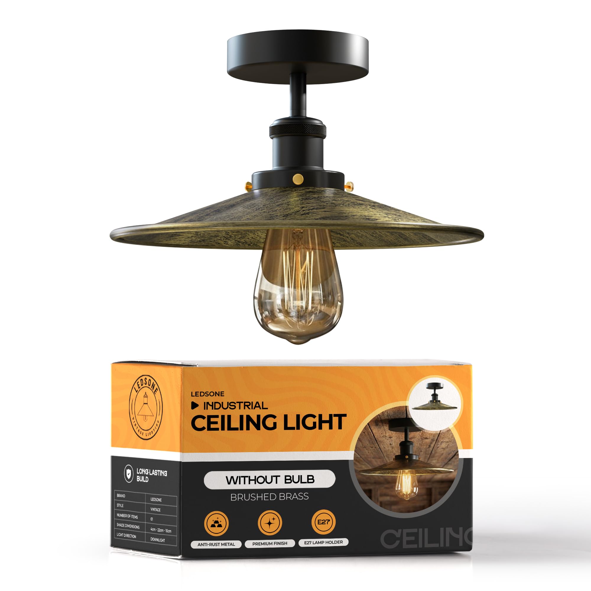 LEDSone E27 Base Ceilings Light with 22cm Brushed Brass Lampshade Easy to Fit Chandelier Ceiling Lamp Metal Semi Flush Mount LED Ceiling Lighting for Bedroom, Kitchen, Dining Room with EPC A+ Bulb โ image 1