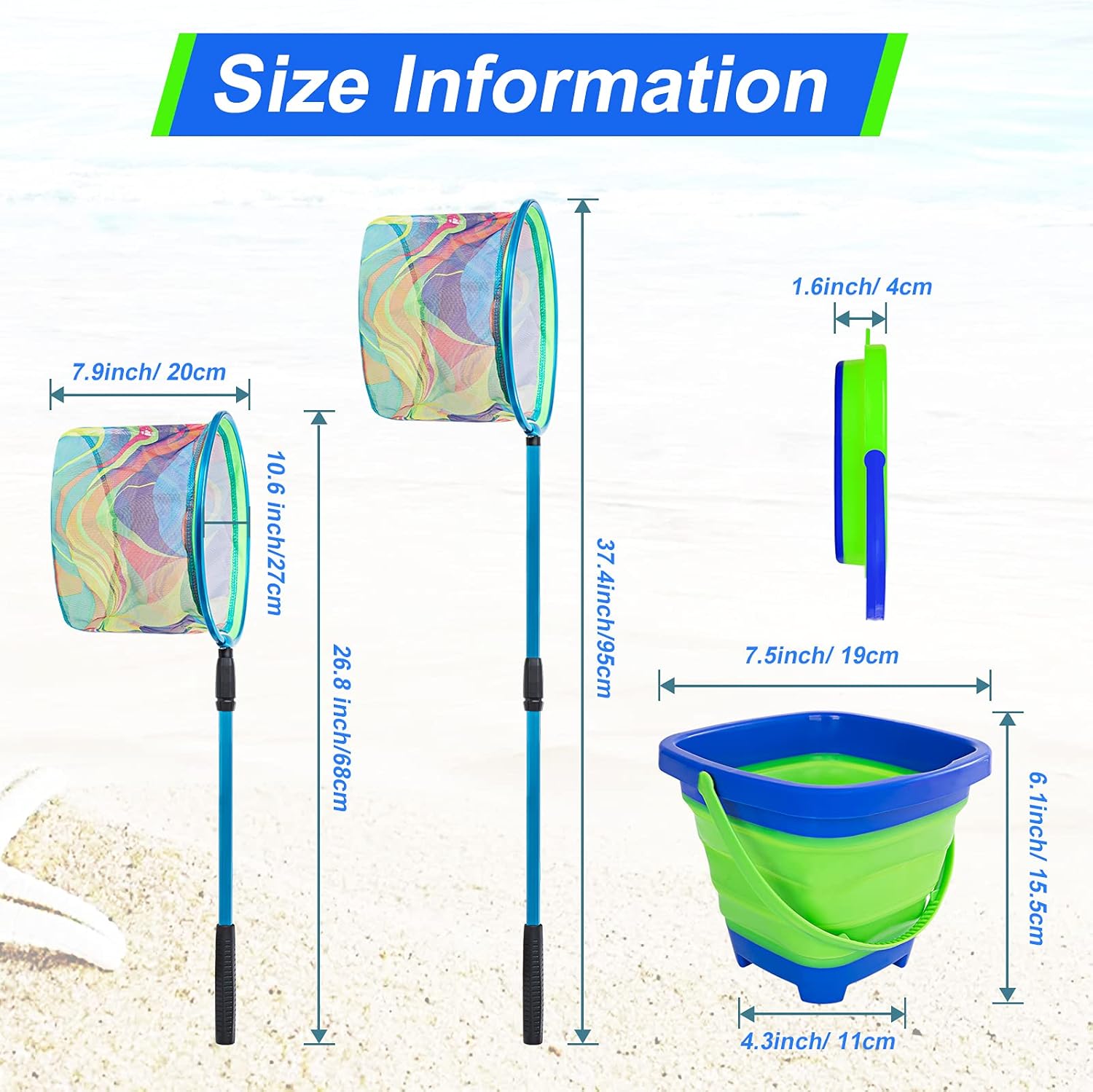 Kids Fishing Net, 2 Pack Telescopic Landing Nets with Aluminum Pole Handle, Collapsible Bucket Sand Pail, Butterfly Net, Fishing Net for Youth, Outdoor Playing