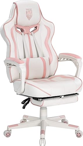 Vonesse Silla de juegos rosa para niñas, silla de computadora reclinable estilo carreras con reposapiés de oficina, silla ergonómica giratoria de