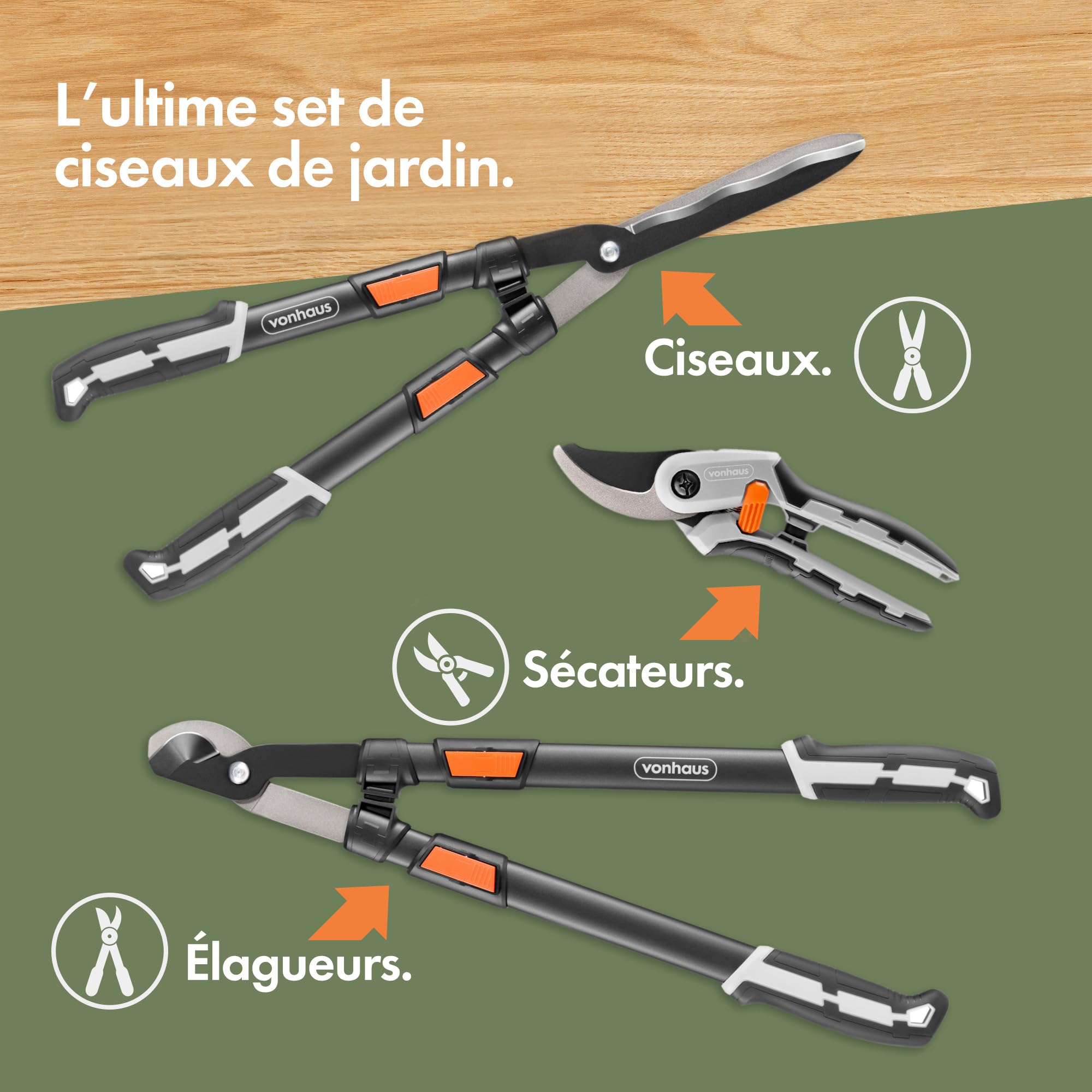 VonHaus Lot de 3 Cisailles de Jardin – Coupe-Branches, Taille-Haie, Sécateur – Poignées Télescopiques Extensibles – Prise Douce – Outils Légers