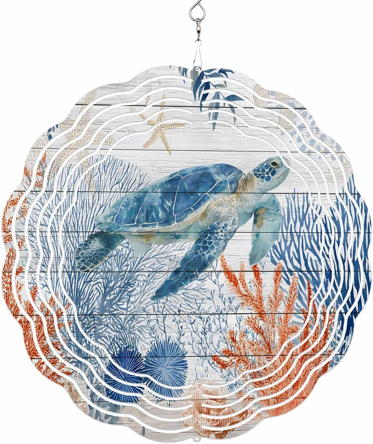 Underwater Turtle Ocean Starfish Wind Spinner for Garden Yard 3D Stainless Steel Hanging Wind Spinners, Sea Coral Wood Board Spinners Outdoor Metal Decor for Lawn Patio Home