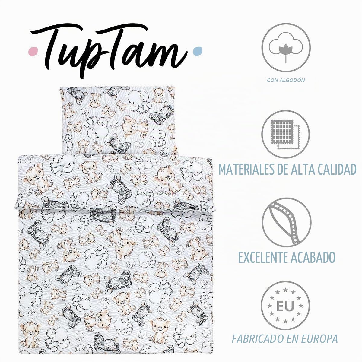 TupTam Juego de Edredón Infantil con Dibujos para Toda la Temporada Nórdica Almohada Plana 2pcs., Safari, 135x100 cm