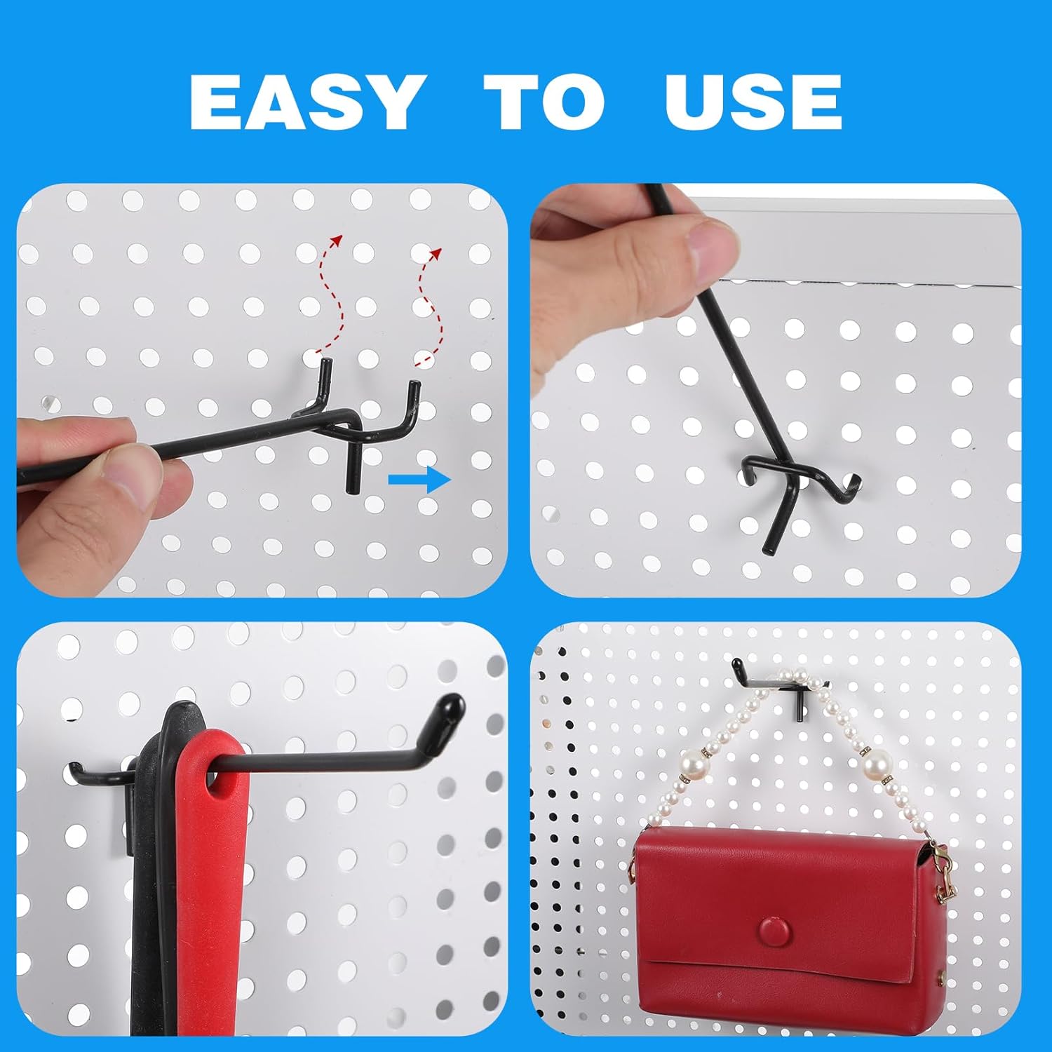 120 Pack Pegboard Hooks, 4/6/8 Inch Peg Board Shelving Hook for Hanging Tools Fit 1/8" and 1/4" Pegboards Wall Display Hangers for Garage Wall Attachments Crafts Organisation(Silver, Black)