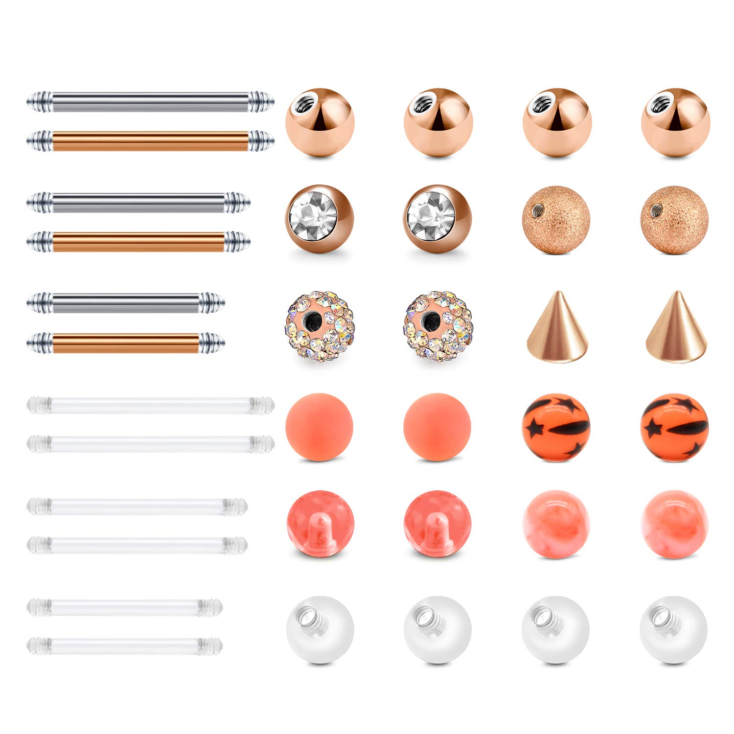 LAURITAMI24pcs Piercing Bolas Reemplazo Acero Quirúrgico & Acrílico 5mm 14G Lengua Ombligo Pezón Industrial Barras Barbell Cuerpo Joyas