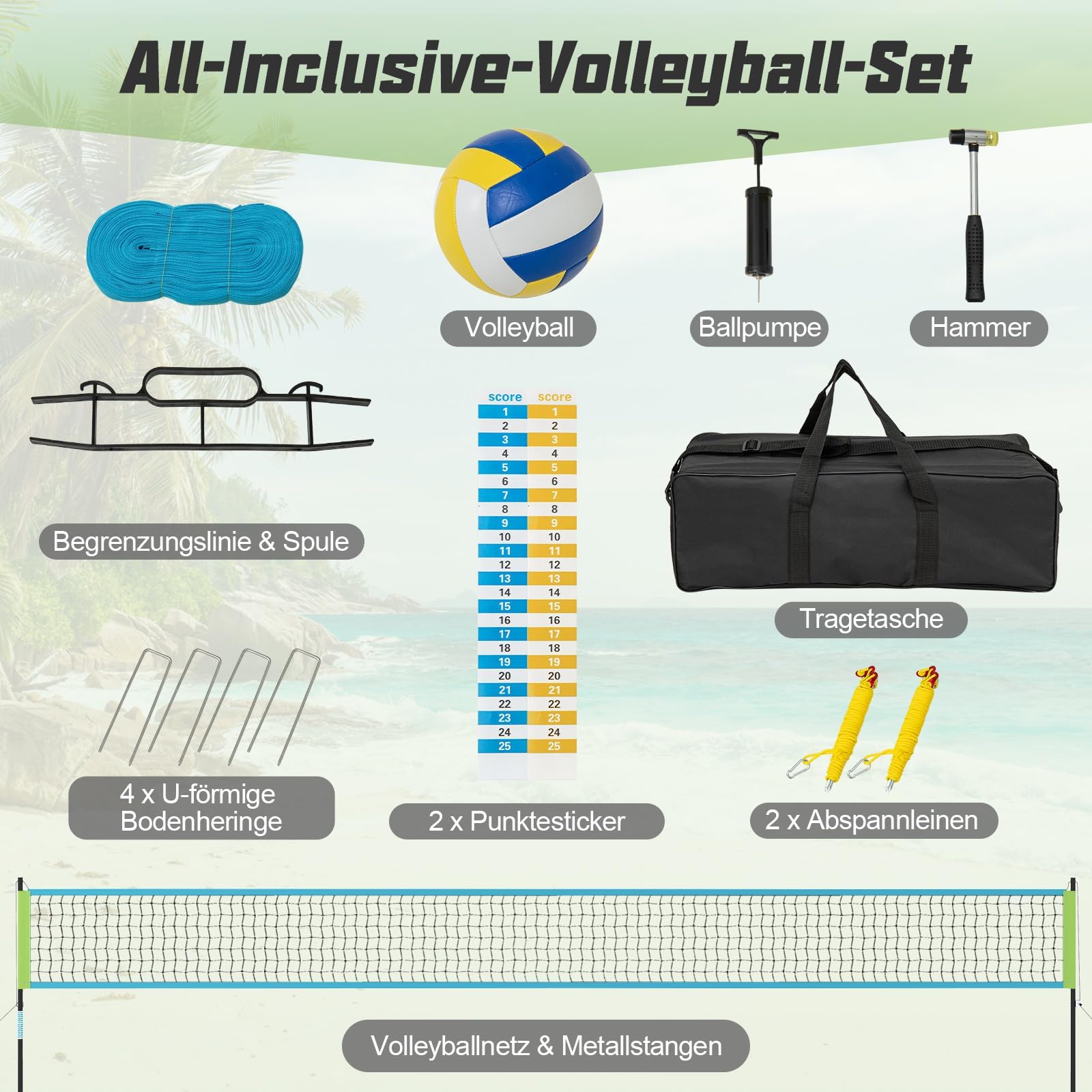 COSTWAY Volleyballnetz für Garten, Beachvolleyball Netz Outdoor 3 stufig höhenverstellbar, 9,5 x 1 m Volleyball Netz tragbar mit Volleyball & Tragetasche, Badmintonnetz für Strand, Hinterhof