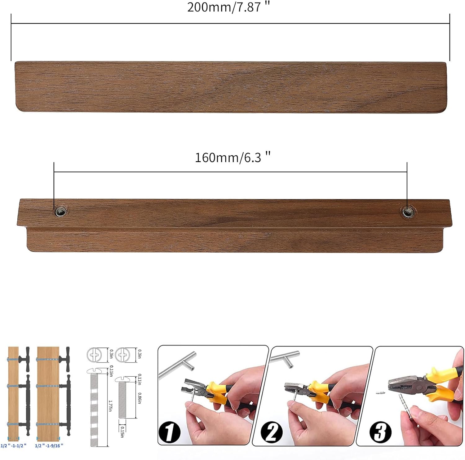 2 pcs Walnut Wood Oblique Angle 8.19 in Wooden Windbreaker Cabinet Door Handle Wooden Antique Style Long Walnut Cabinet Drawer Door Handle