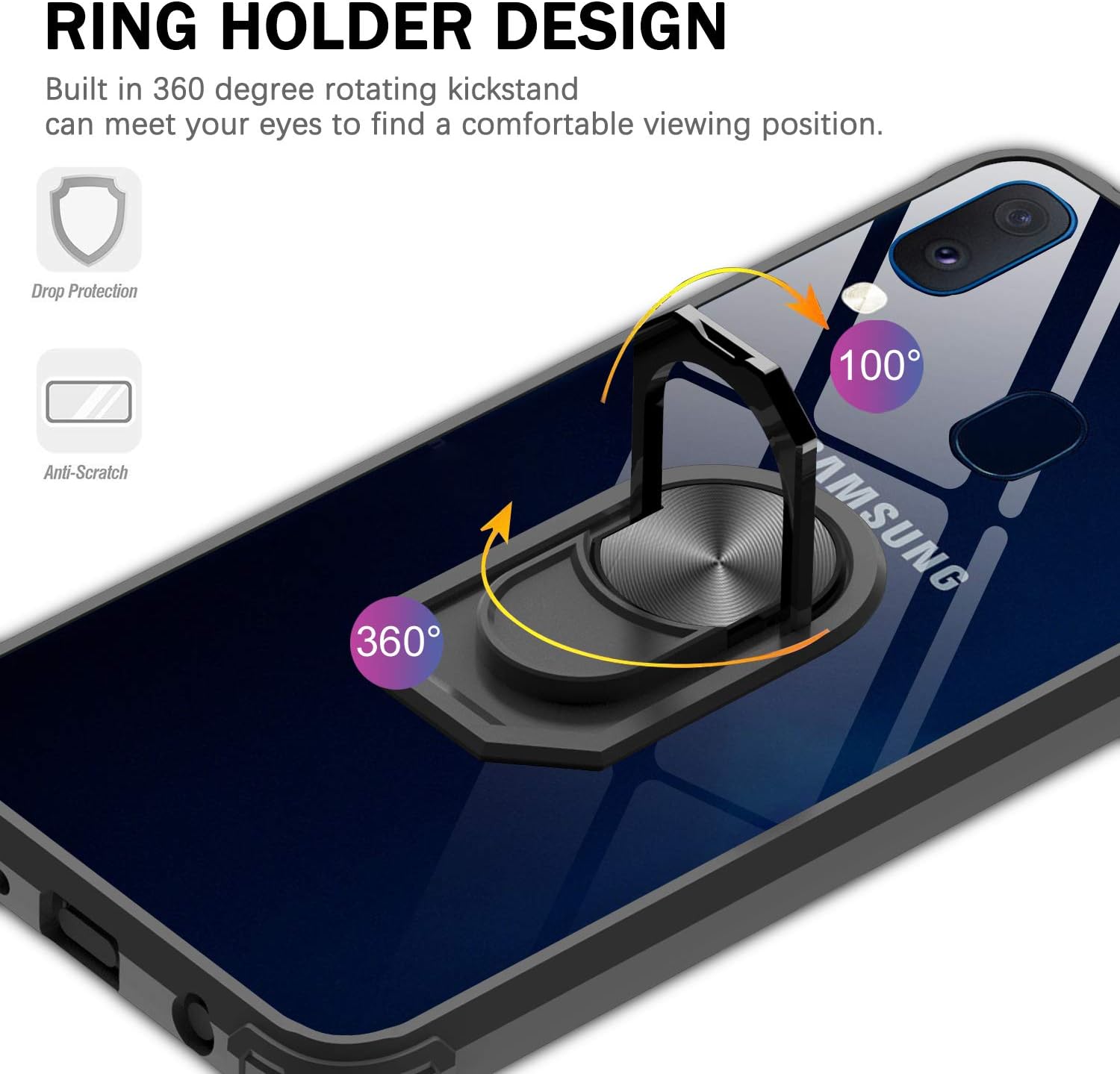 LeYi Samsung Galaxy A20/ A30 Case with [2 Pack] Tempered Glass Screen Protector, Clear Crystal Military-Grade Protective Phone Case with Ring Car Mount Kickstand for Samsung A20/ A30, Black