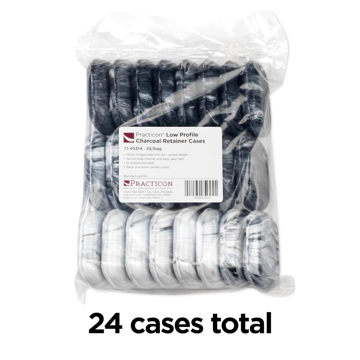 Practicon Easy Open Low Profile Retainer Cases, Assorted Charcoal Swirl Colors, Bulk Pack of 24