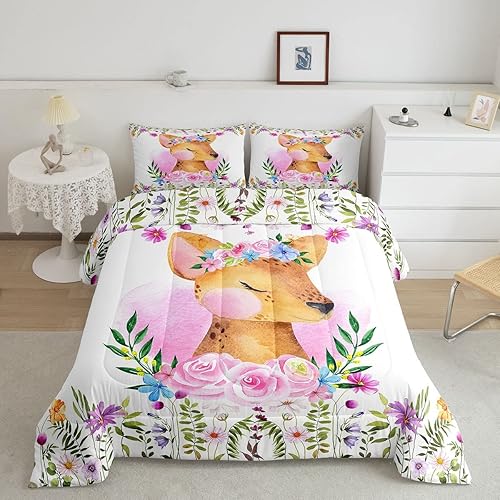 Lindo juego de edredón de ciervos para niñas, rosas rosadas, juegos de ropa de cama y colecciones con temática de animales, edredón de flores