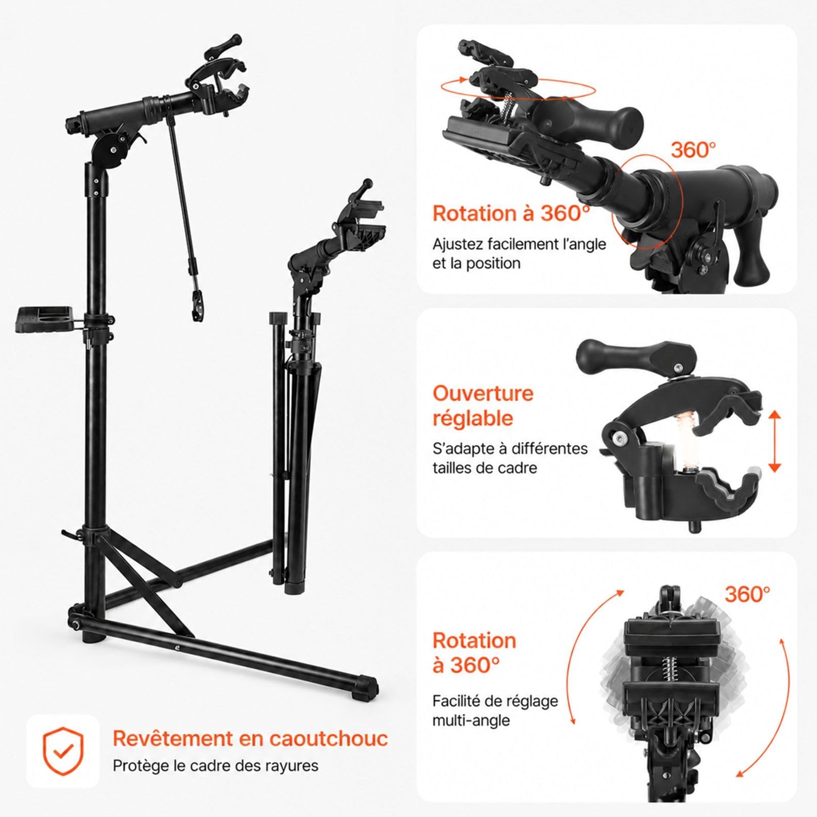 Pied d'atelier pour vélo avec plateau à outils et pince de maintien pour réparation à domicile ou atelier