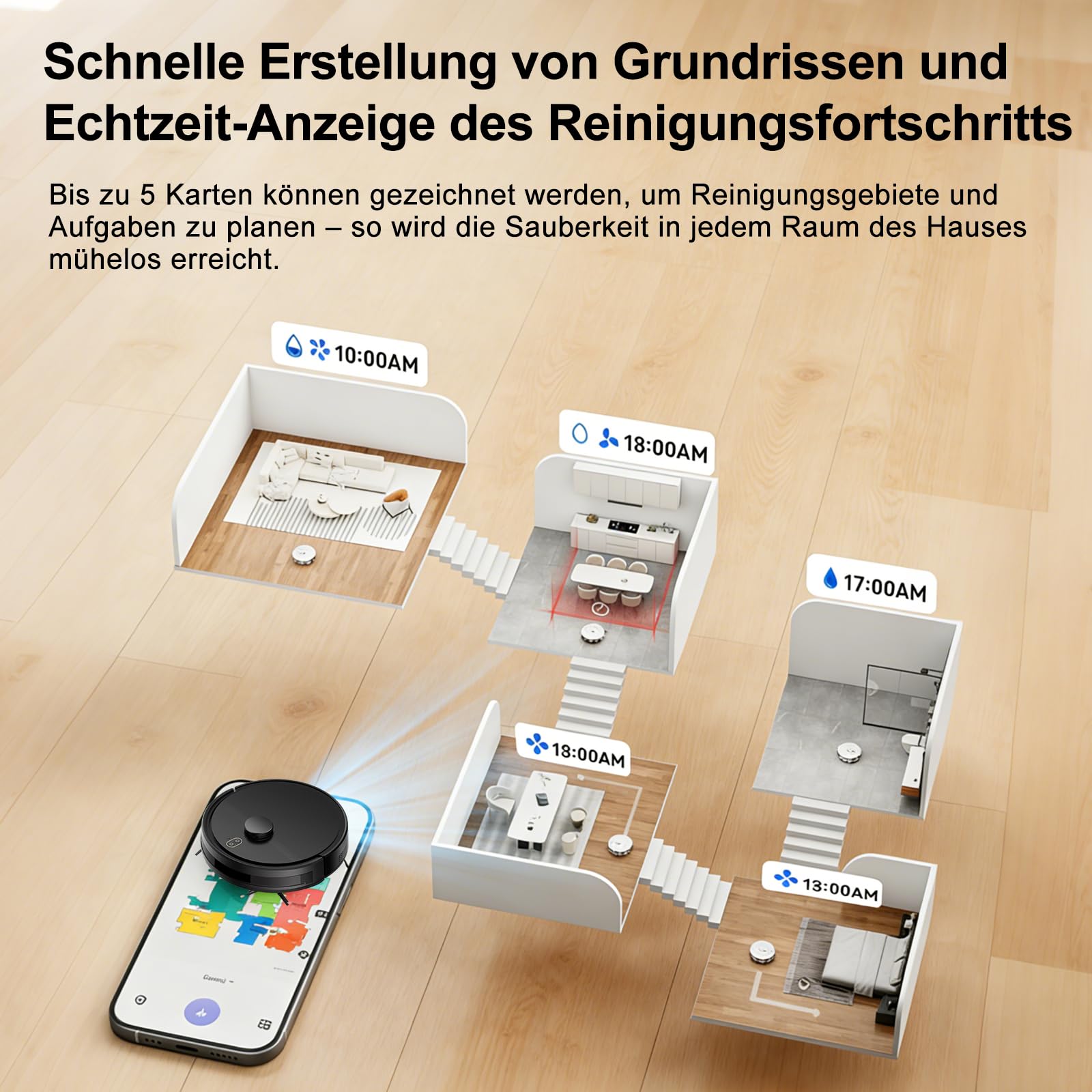 Saugroboter mit Wischfunktion bis zu 5000Pa LiDAR Navigation 5 Karten | 2 in 1 Staubsauger Roboter Sturzsicherung, Selbstladend, Teppichen mit Kurzem Flor und Harten Böden, App/Alexa-Schwarz