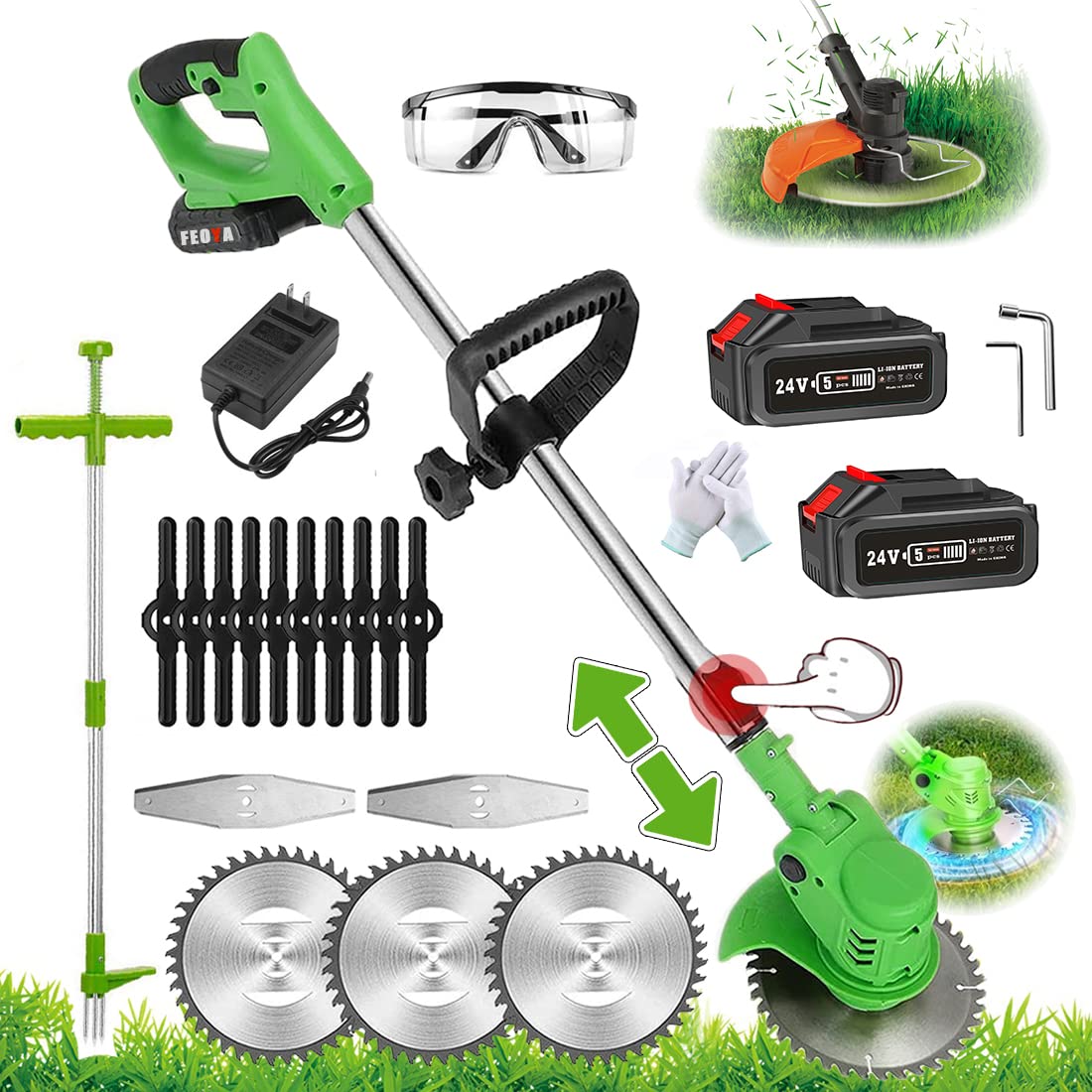 Decespugliatore a Batteria 3 in 1 Multifunzione Elettrico Tagliabordi con Weeder Manuale Tagliaerba Testata Regolabile e Maniglia Telescopica per Giardino, Prato Inglese, Terreni Agricoli,21V Green