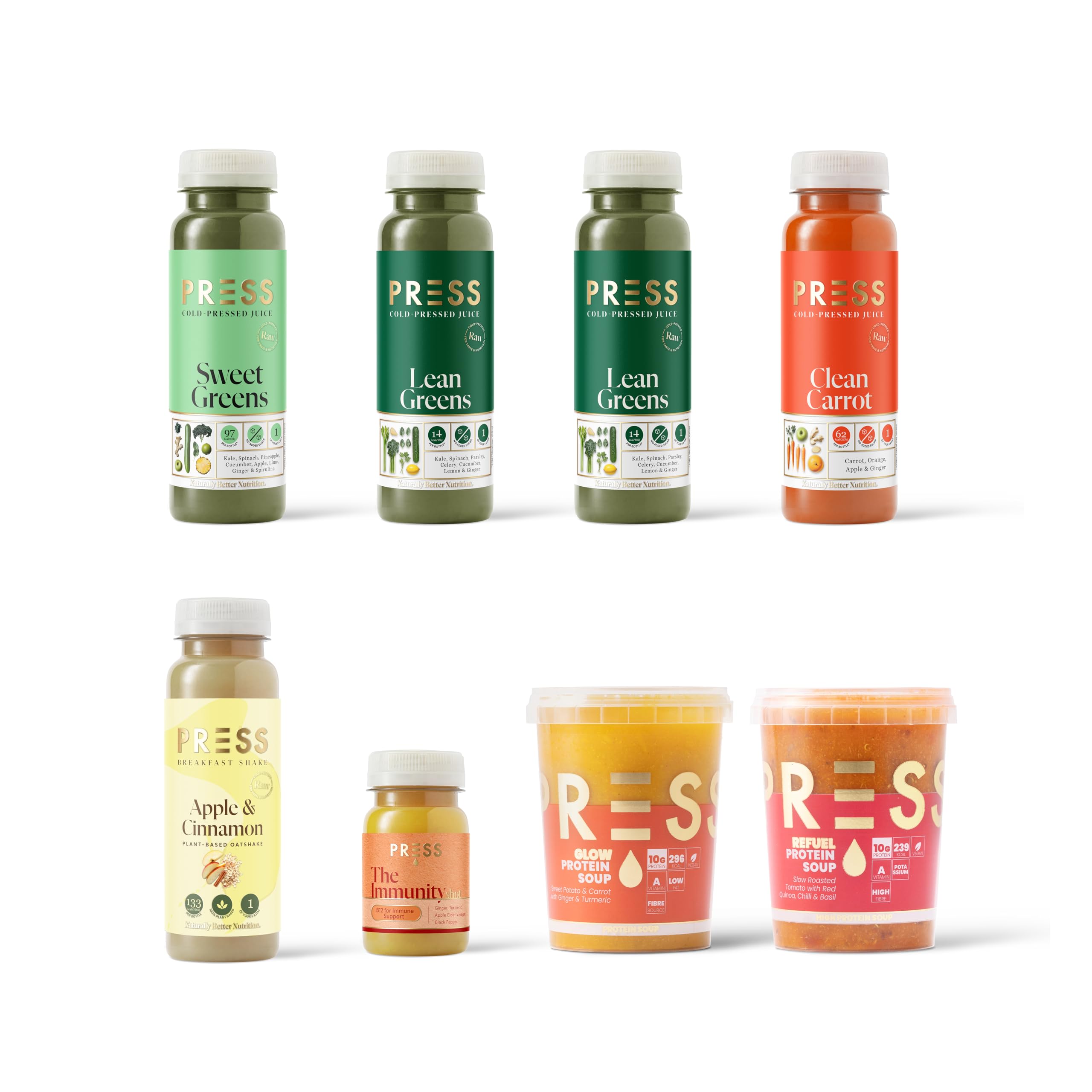 PRESS Healthfoods, 48 Hour Detox Cleanse, Rest Your Body & Mind, Meal Replacement for Weight Control & Health Kick, Contains Green & Carrot Juice, Banana Cashew Milkshake, Ginger Shot & Soups
