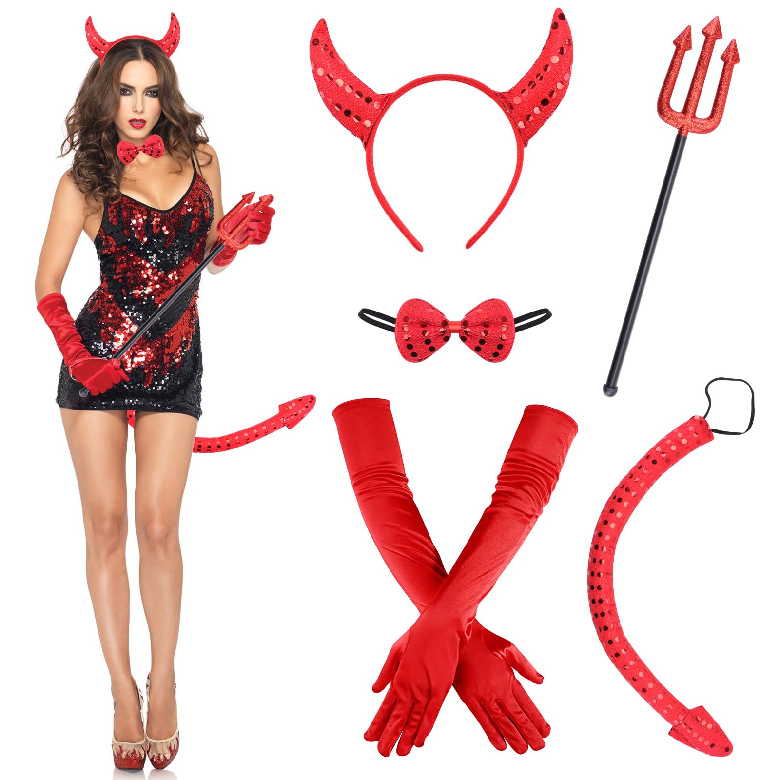 SelfTek 5 Pcs Halloween Devil Costume Set, Red Devil Horns Headband, Bow Tie, Devil Tail, Gloves and Devil Fork Sexy Devil Outfit for Adult Halloween Party Devil Costume Accessories