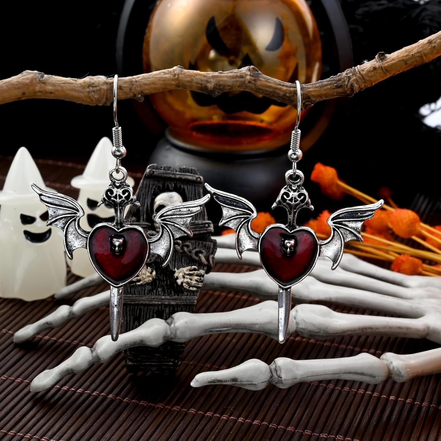 Silver Bat Earrings for Women Gothic Dark Red Heart Dangle dagger Earrings Vintage Y2k style for Goth Jewelry - Image 6