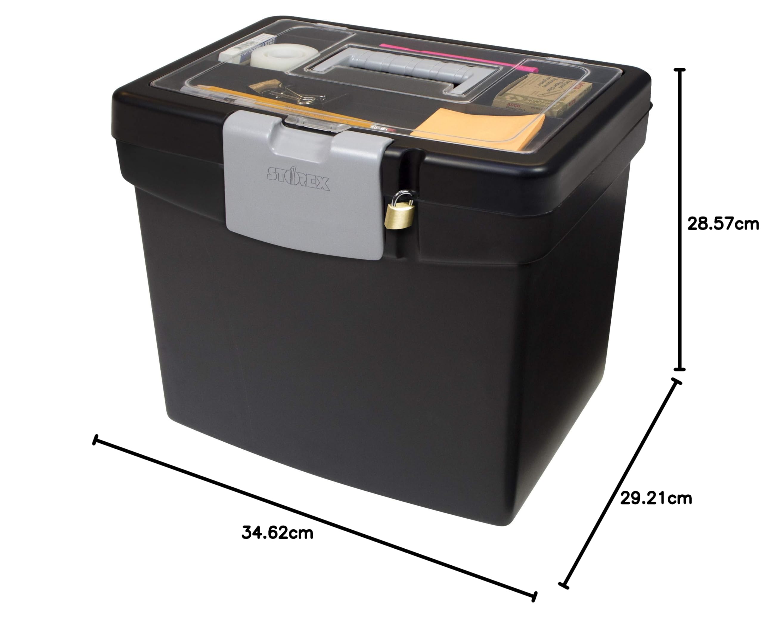Storex 61504C01C Tragbare Ablagebox mit Organizer-Deckel, Kunststoff-Aktenbox für Schreibpapier im Letter-Format und Hängeordner, Farbe Obsidian, 1 Stück