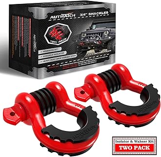 AUTMATCH D-Ring Shackle 3/4" (Set of 2) Approx 19 Ton Break Strength 7/8" Screw Pin Shackle Isolator with Washer Tow Strap Winch Off-Road Vehicle Recovery 3/4" Shackle Red/Black
