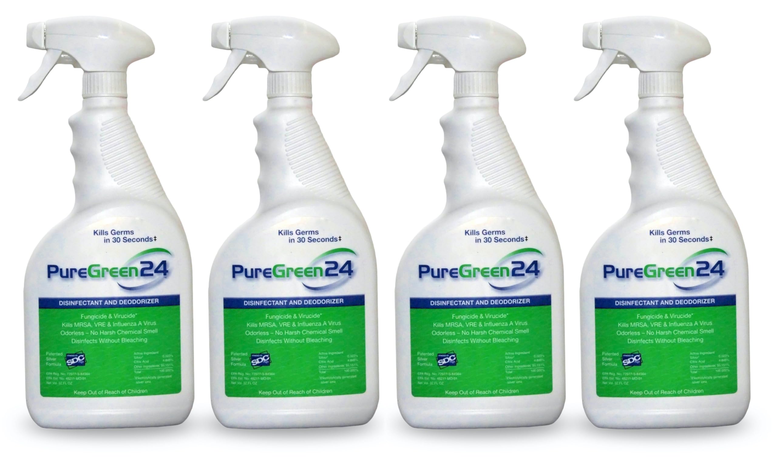 PureGreen24 Safe Effective Disinfectant Kills Deadly Germs including RSV Norovirus MRSA Staph infulenza A Bird flu Contains no