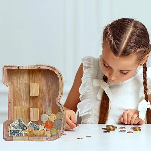 Miniatura 9 de Alcancía grande para niños y niñas, alcancía de madera personalizada con diseño recortado, bancos de monedas de letras del alfabeto, caja de ahorro