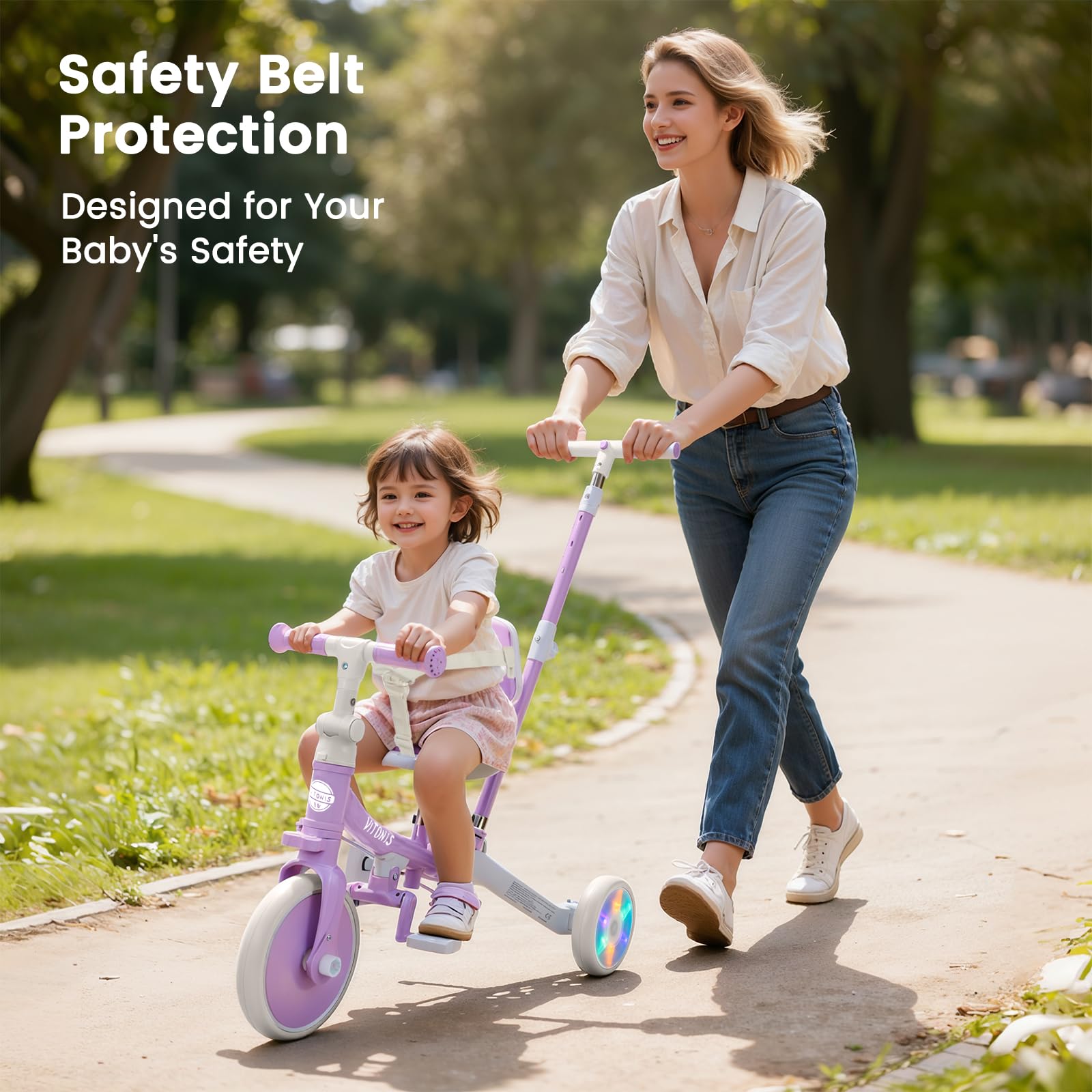 VITONIS Triciclo Infantil 5 en 1 para niños de 18 Meses a 5 años, con Ruedas Luminosas, Barra de Empuje, Respaldo y cinturón de Seguridad, Regalo para niños y niñas, Bicicleta sin Pedales, Morado
