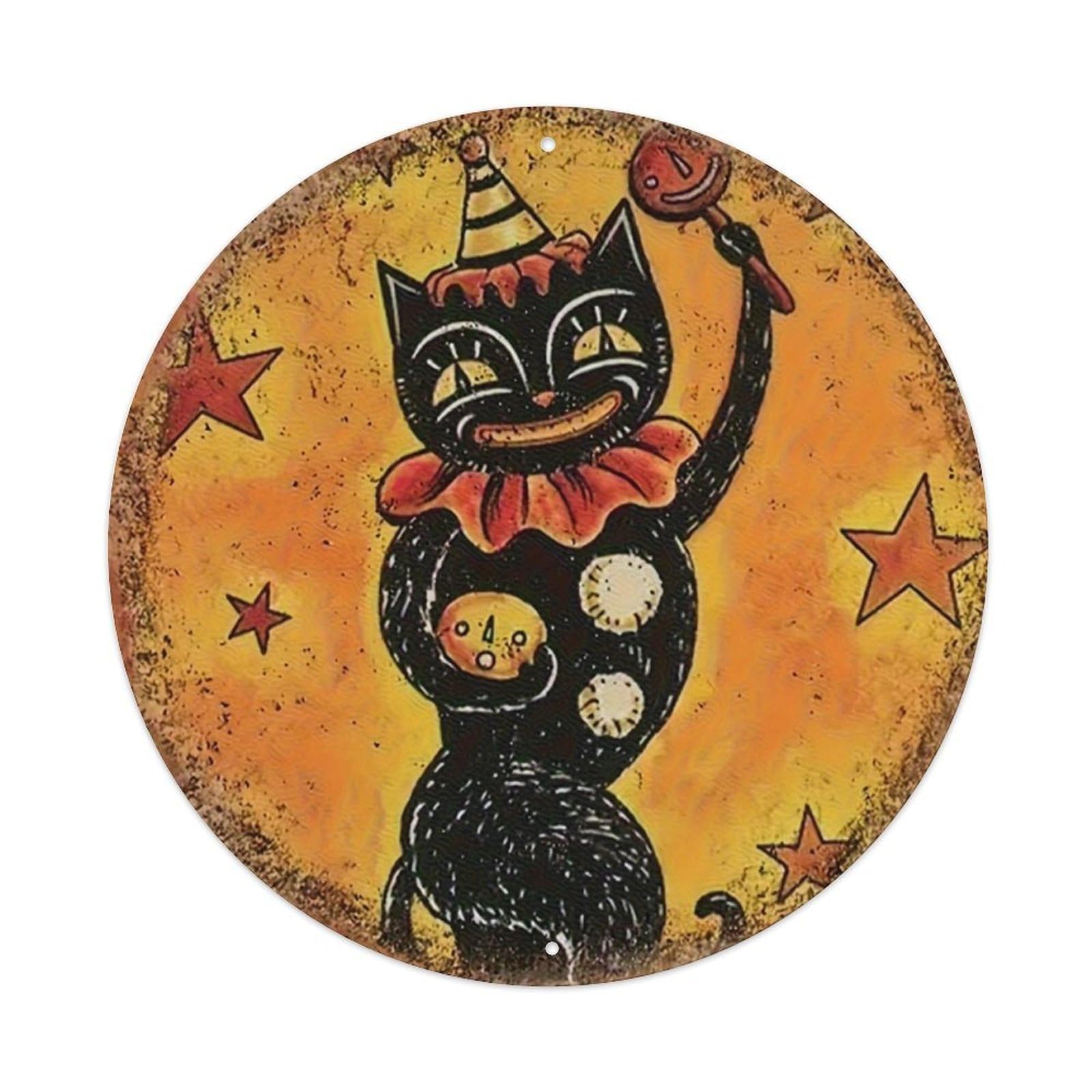 Black Cat Clown With Stars Tin Sign Metal Poster Vintage Metal Signs for Home Man Cave Bar Cafe Kitchen laundry room Wall Decorations Gift 8x8Inch